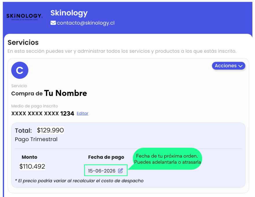 <p>En la sección <strong>Servicios</strong>, verás el resumen de tu suscripción con el monto y la fecha del próximo cobro.</p>