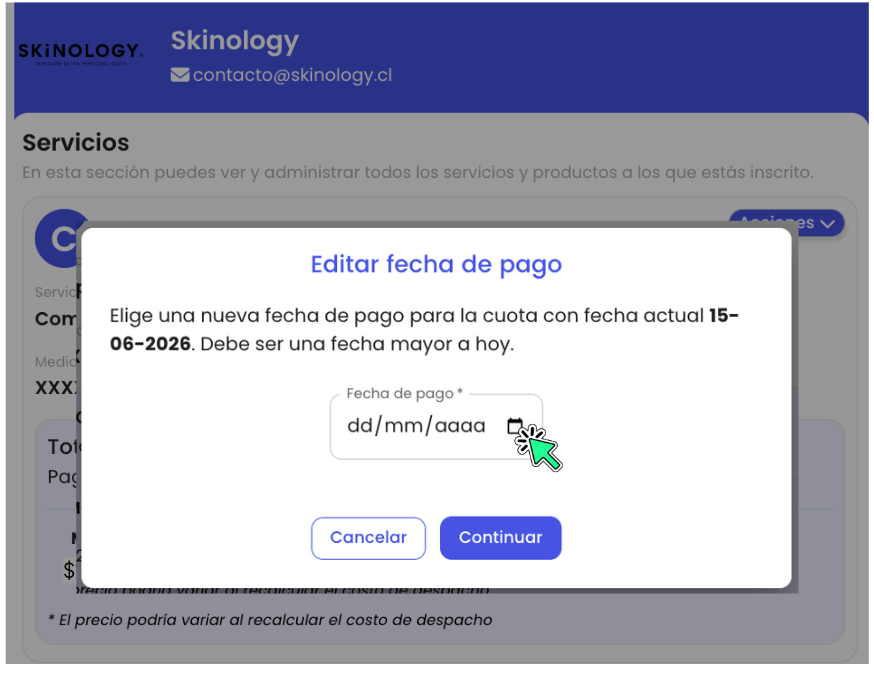 <p>Haz clic en el ícono de edición ✎ que aparece junto a la fecha. Se abrirá un selector de fecha.</p>