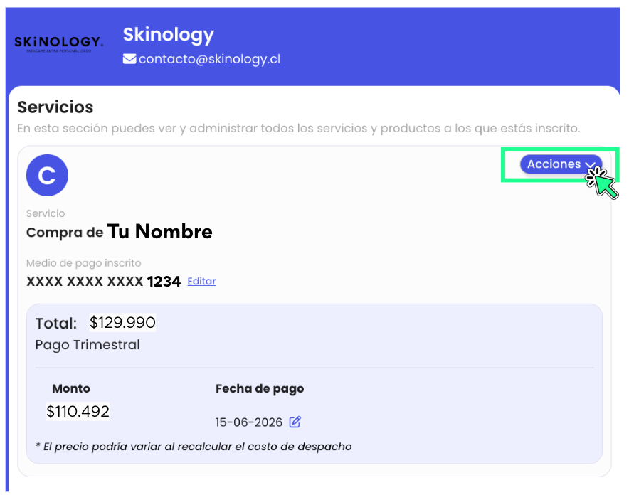 <p>En la sección Servicios, localiza tu suscripción activa y haz clic en el botón <strong>Acciones</strong>.</p>