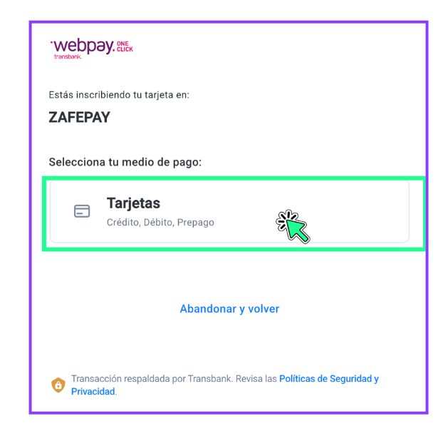 <p>Serás redireccionado a Webpay para ingresar los datos de tu nuevo medio de pago de forma segura.</p>