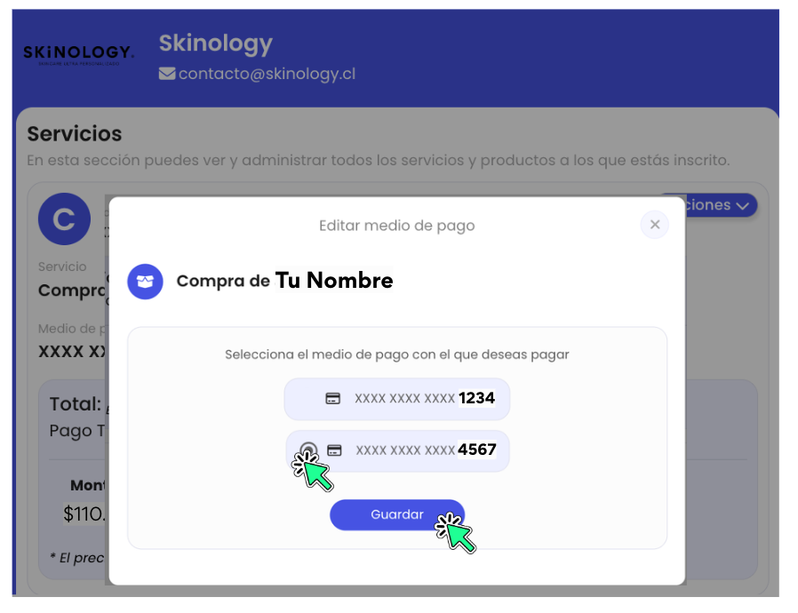 <p>Una vez de vuelta en el portal, selecciona la nueva tarjeta como el medio de pago con el que deseas pagar tu suscripción y haz clic en <strong>Guardar</strong>.</p>
